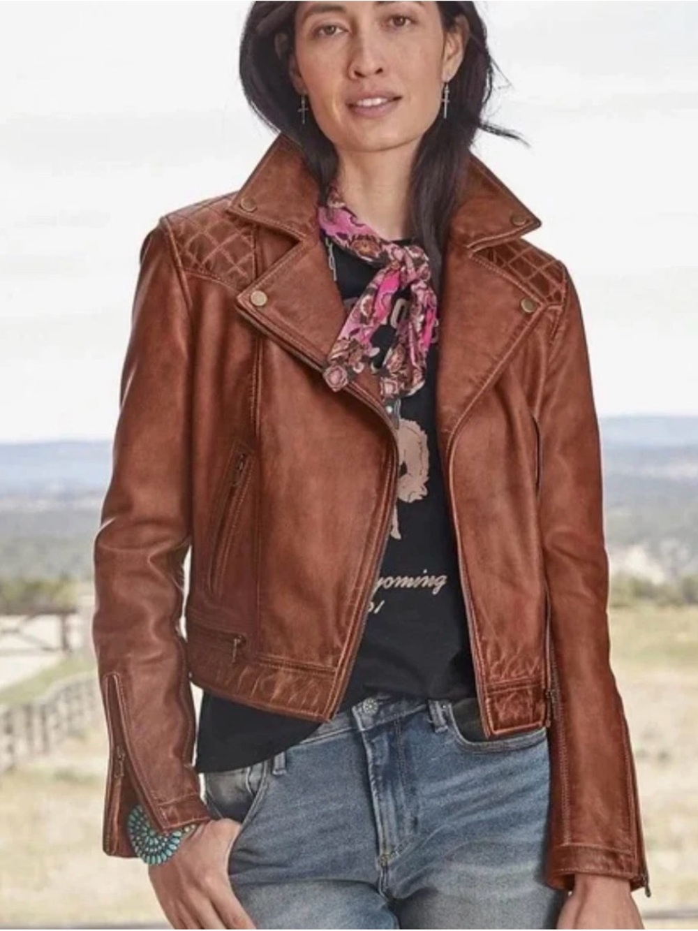 Sundance Brown Cognac Leather Moto Jacket with Quilted Shoulders